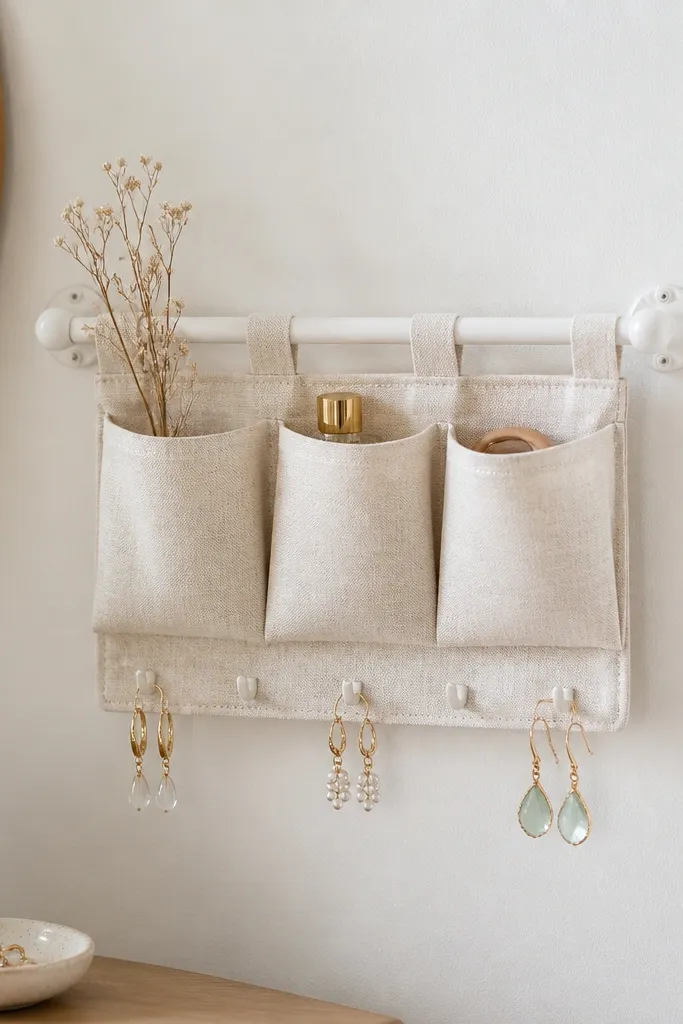 A compact wall-mounted organizer with a thin curtain rod painted white. Linen fabric pockets hang from the rod, and a few hooks hold earrings below the pockets.