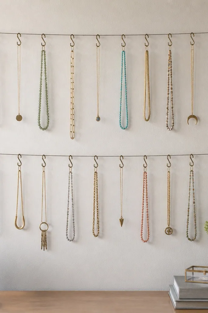 Two parallel picture wires strung between wall anchors, with small S-hooks clipped along the wires; necklaces hang in individual loops.