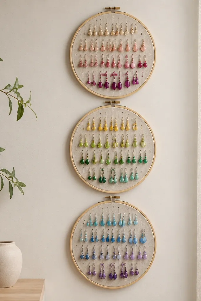 A set of three embroidery hoops mounted like a vertical gallery. Each hoop holds a tight grid of small wire hooks, with earrings arranged by color.