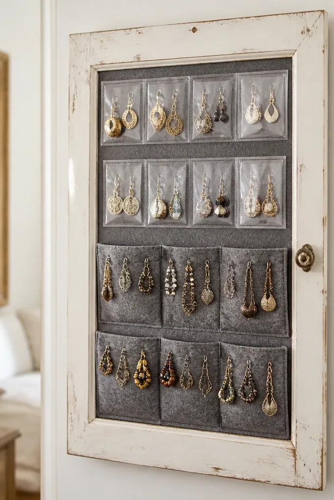 A repurposed cabinet door hung vertically with fabric pockets lined in gray felt; clear plastic sleeves hold earrings and small charms.