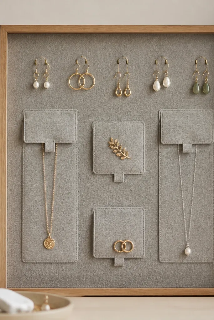 A board covered in gray felt. Thin magnetic strips sit under small felt flaps, and a few necklaces and pins are held in place. Earrings hang from tiny hooks at the top.