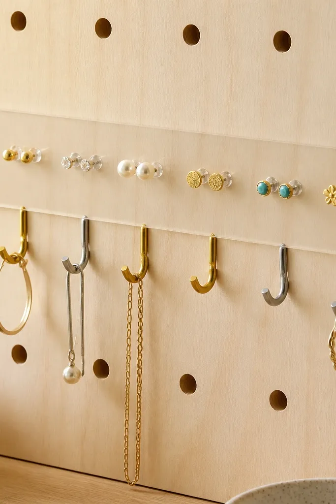 A light wood pegboard with a clear acrylic strip mounted horizontally; stud earrings hang from tiny clear pegs, with two-tone hooks below.