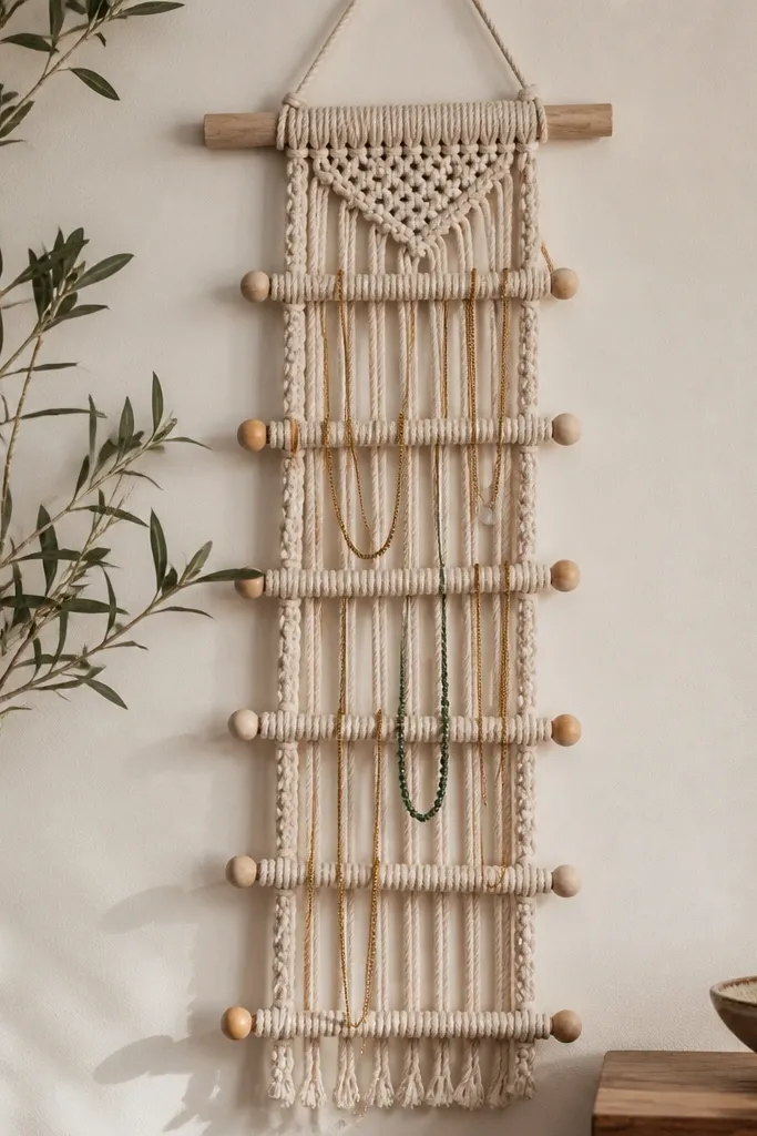 A macramé wall hanging with a thick natural cotton rope ladder, a wooden dowel at the top, and beaded ends at each rung; necklaces drape over the rungs.
