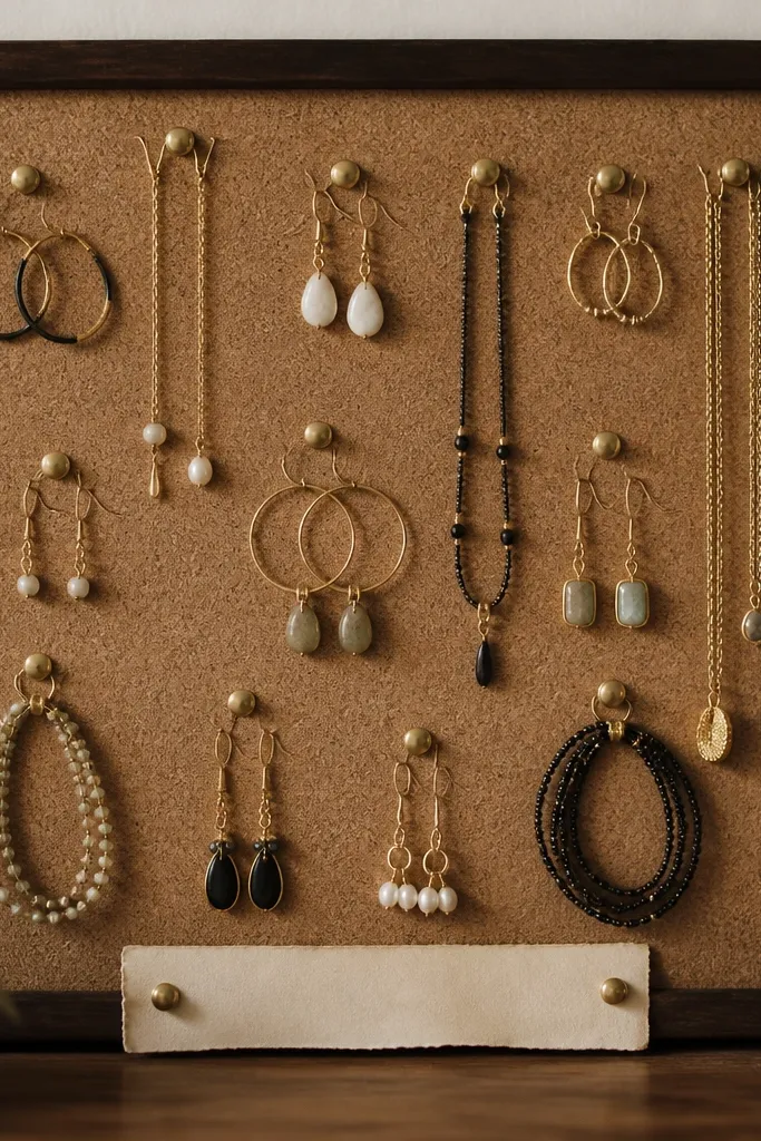 A corkboard panel framed in dark wood. Jewelry hangs from brass push pins and small curved hooks. A handwritten-style label strip sits on the bottom edge.