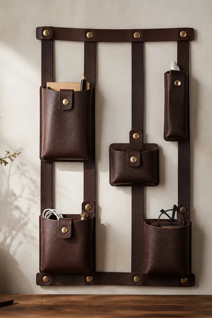 A vertical organizer made of dark brown leatherette straps with snap buttons, plus separate small pouches hanging from snaps; brass snaps catch light.