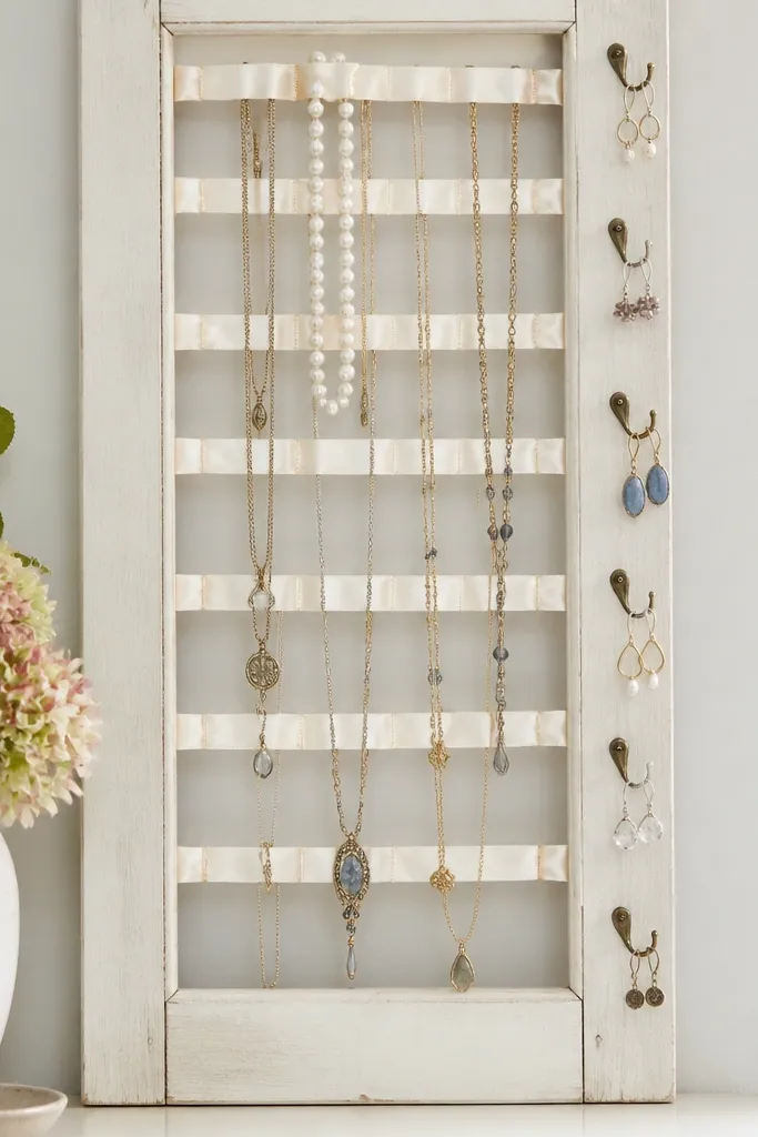 An old white shutter panel hung vertically. Between slats, satin ribbon ties create slots for necklaces. Tiny hooks line the side for earrings.