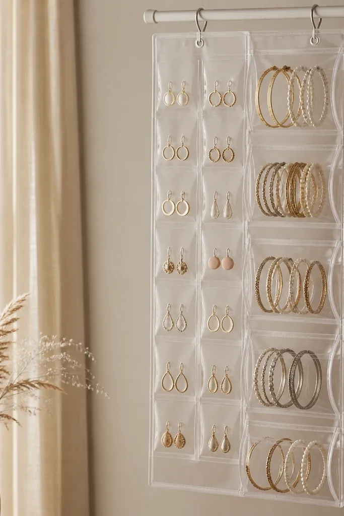 A clear plastic shoe organizer panel hung vertically and turned sideways, with small earrings in individual compartments and bangles placed in wider slots.