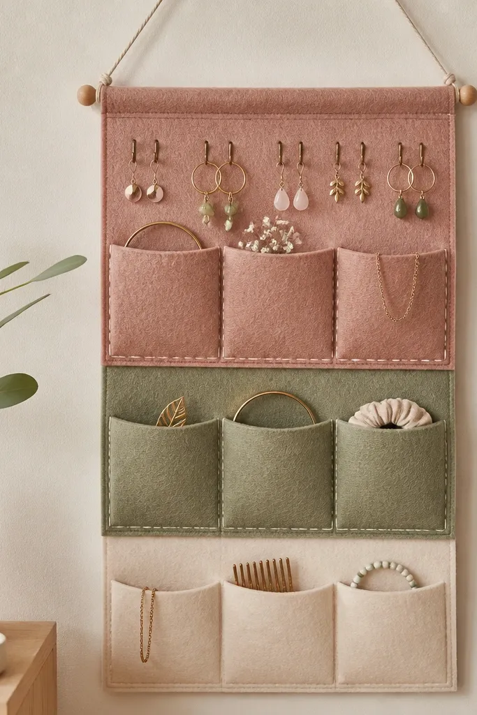 A hanging organizer made from layered felt in three colors: dusty rose, sage, and cream. Each felt pocket has a stitched border, and small hooks sit above the pockets for earrings.