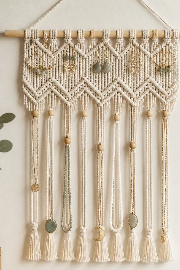 A macrame panel hanging from a light oak dowel. Several vertical cords hold necklaces using small wooden beads and loops. Earrings hang on tiny knots at the top.