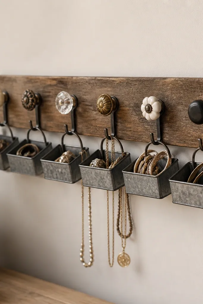 A narrow wooden board with several drawer pulls as hooks, plus small metal bins hanging from the pulls for rings and bracelets.