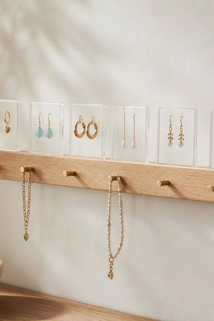 A narrow wood peg rail with small hooks. On top of the rail, clear acrylic blocks hold earrings upright like a display.