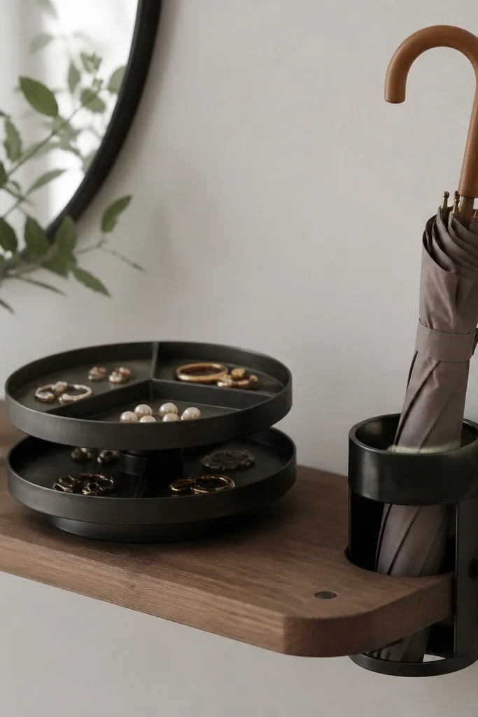 A small metal umbrella stand mounted on the wall shelf, with a rotating lazy Susan insert holding shallow trays for earrings.