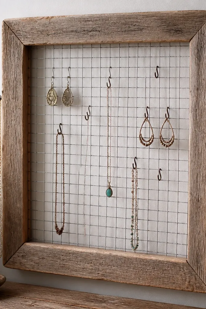 A reclaimed wooden picture frame with wire mesh stretched inside. Tiny S-hooks attach to the mesh, and a few necklaces hang from small bar hooks at the sides.