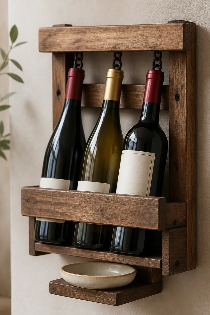 A compact wooden wine rack hung on the wall, with metal chain loops attached under the top slats, and a small ceramic dish mounted at the bottom.