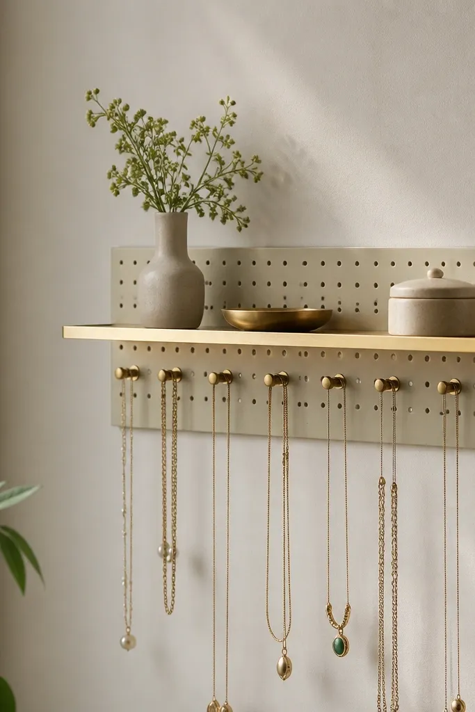 A slim brass ledge mounted on the wall with a small pegboard panel behind it; necklaces hang on peg hooks under the ledge.