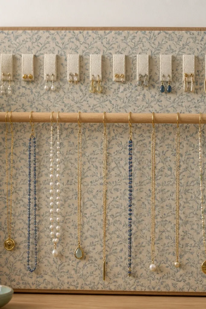 A simple wooden board covered in patterned drawer liner. A dowel bar runs horizontally, and necklaces hang from small rings pinned along the bar. Earrings sit in fabric loops above.