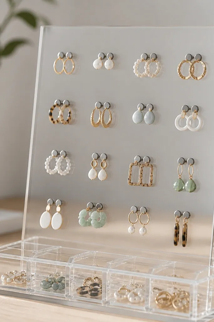 A clear acrylic display with rows of small compartments and magnet-backed clips; earrings are held on the clear panel in straight lines.