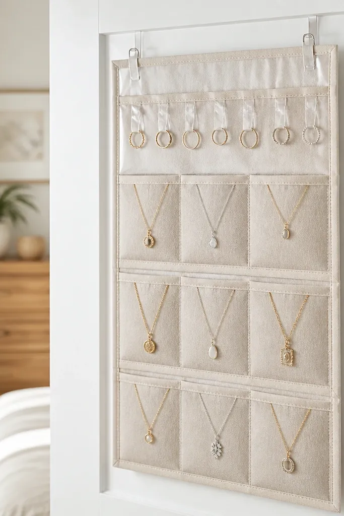 A hanging over-the-door organizer repurposed with smaller jewelry pockets. The top row has clear plastic loops for rings, and the lower pockets hold necklaces flat under felt inserts.
