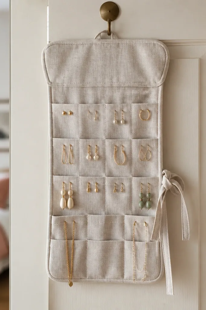 A roll-up fabric organizer with stitched pockets and a tie strap, hung from a single hook behind a door; pockets hold earrings and small chains.
