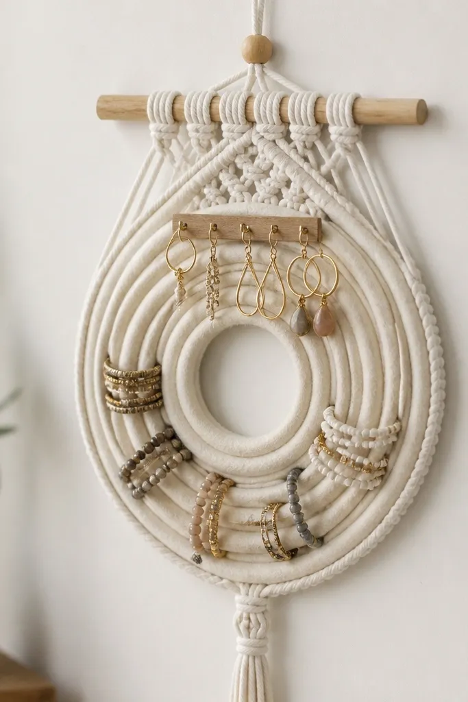 A macrame hanger holds a circular felt coil. Bracelets wrap into the coil openings, while a small row of hooks at the top holds earrings.