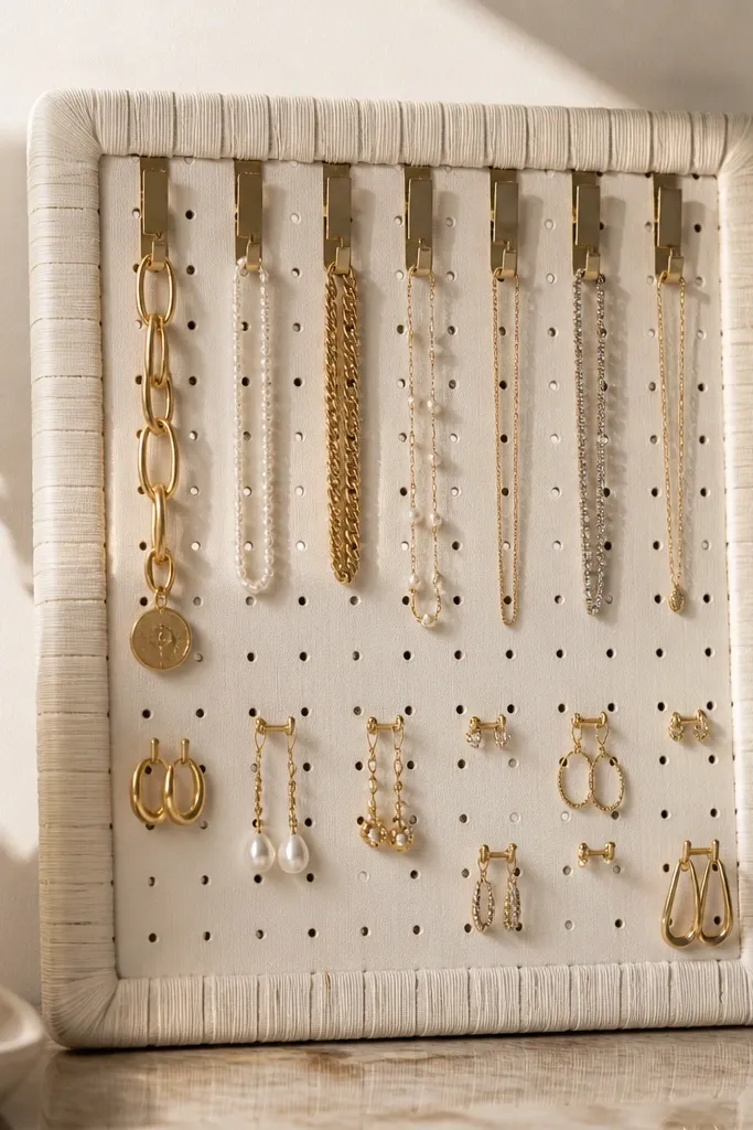 A small pegboard panel wrapped in cream ribbon. Clip-on chain holders line the top, and tiny hooks hang from the pegboard grid for earrings.