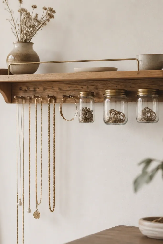 A narrow wall shelf with a peg strip underneath, and several small glass jars hanging or sitting for rings; necklaces hang from hooks.