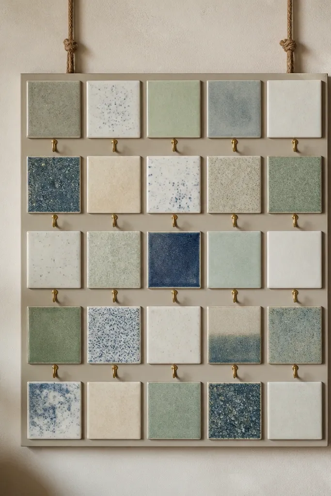 A grid of small ceramic tiles mounted to a board, with tiny brass hooks installed between tiles. The whole board hangs from two rope loops.