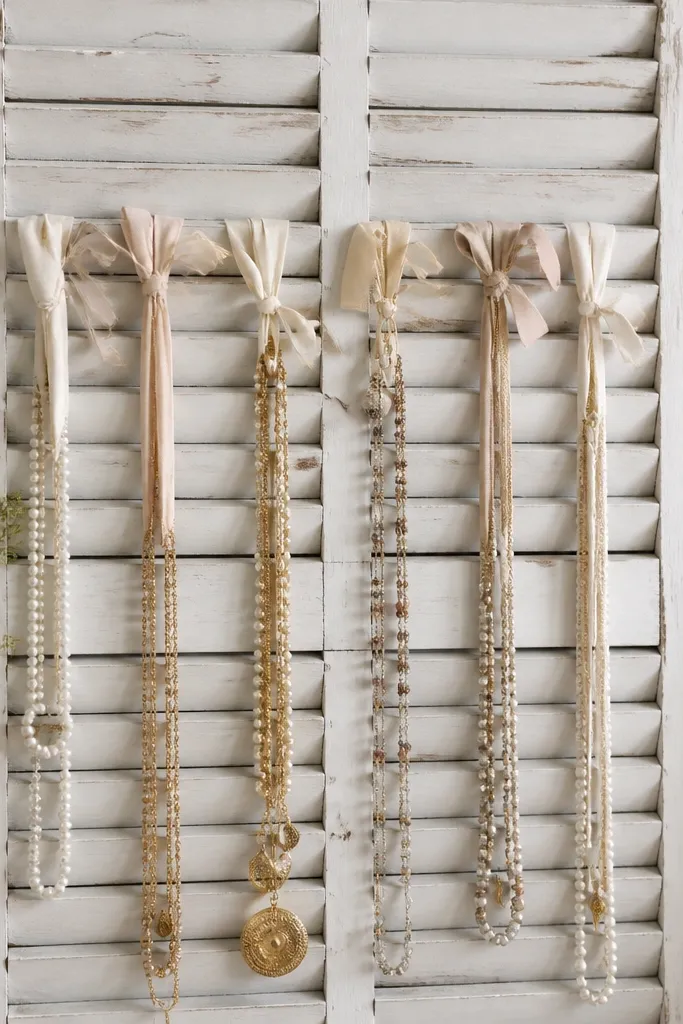 An old wooden shutter panel painted white with ribbon ties across slats; long necklaces are tied into separate sections.