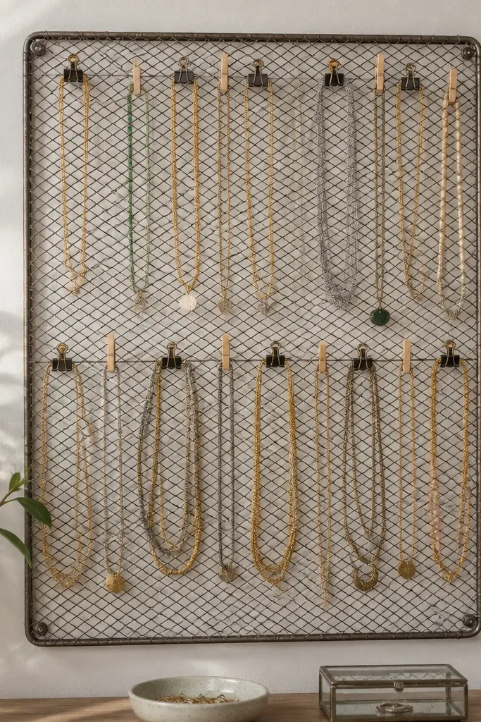 A rectangular metal mesh panel mounted on the wall with small binder clips and clothespins holding layered necklaces in neat rows.