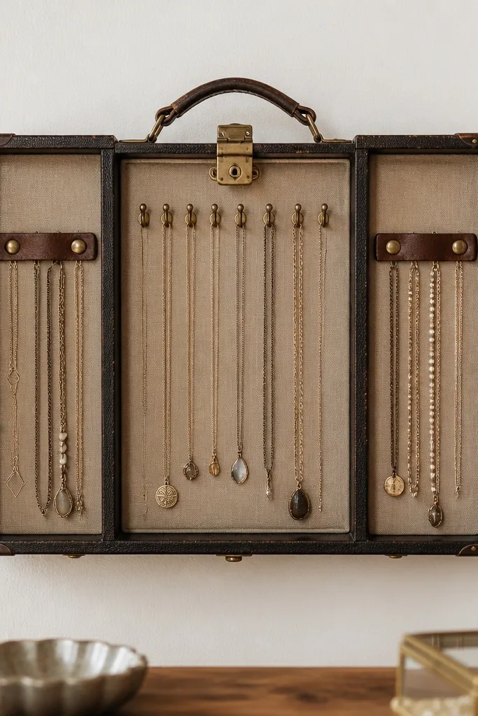 A repurposed small suitcase panel mounted flat. A brass latch and leather strap hold necklaces on side compartments, with a row of small hooks on the center panel.