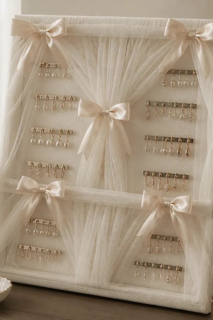 A soft organizer with tulle draped across a frame. Satin bows mark sections, and small clip bars hold earrings in clear rows.