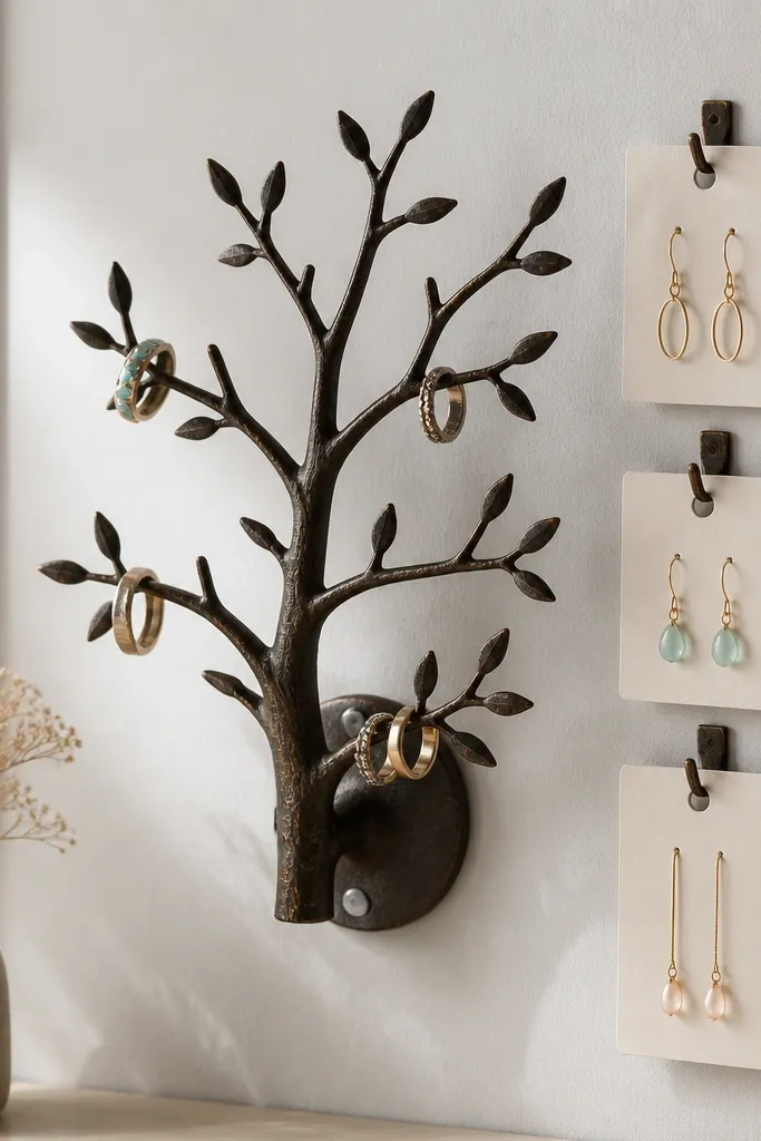 A small wall-mounted ring tree sculpture with branches for rings, plus removable cardstock earring cards clipped to hooks along the side.