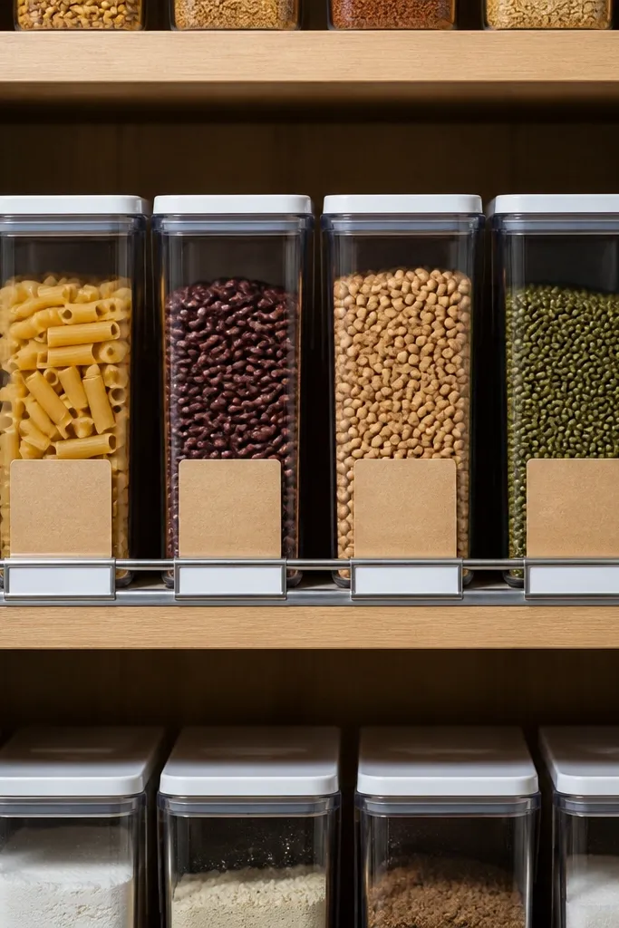 White label rail with straight rows of pantry bins and aligned labels