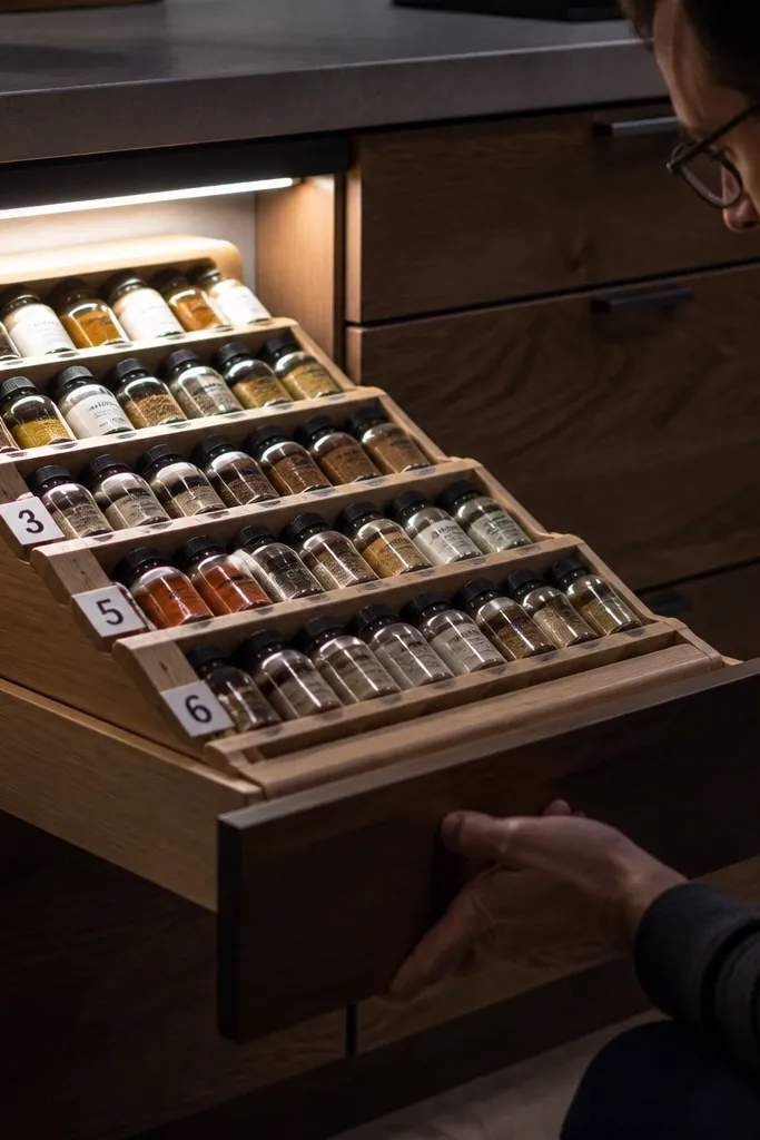 Wood spice drawer insert with three tiers and numbered spice bottles