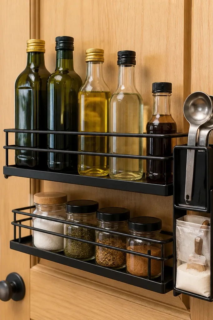 Pantry door with dark rack holding bottles and small jars in neat rows