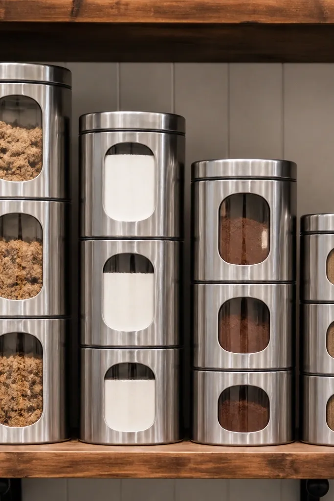 Stack of matching canisters lined by height on a pantry shelf