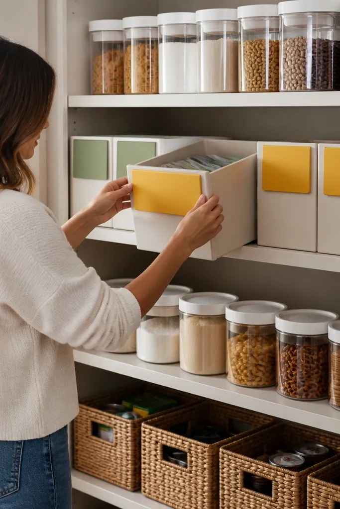Two labeled bins with colored tabs showing winter and summer contents