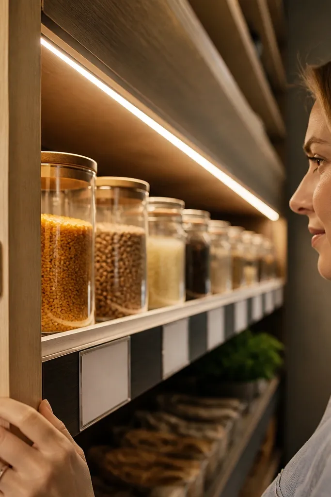 Pantry shelf with soft LED strip glow and neatly labeled containers