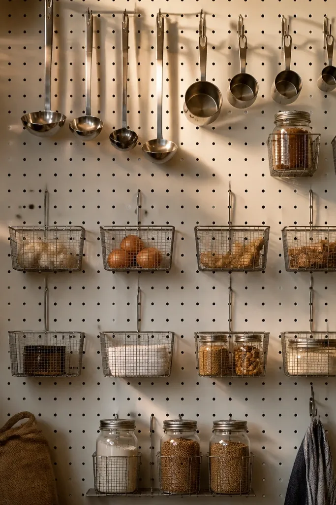 Pegboard inside pantry with hooks holding ladles, scoops, and small jars