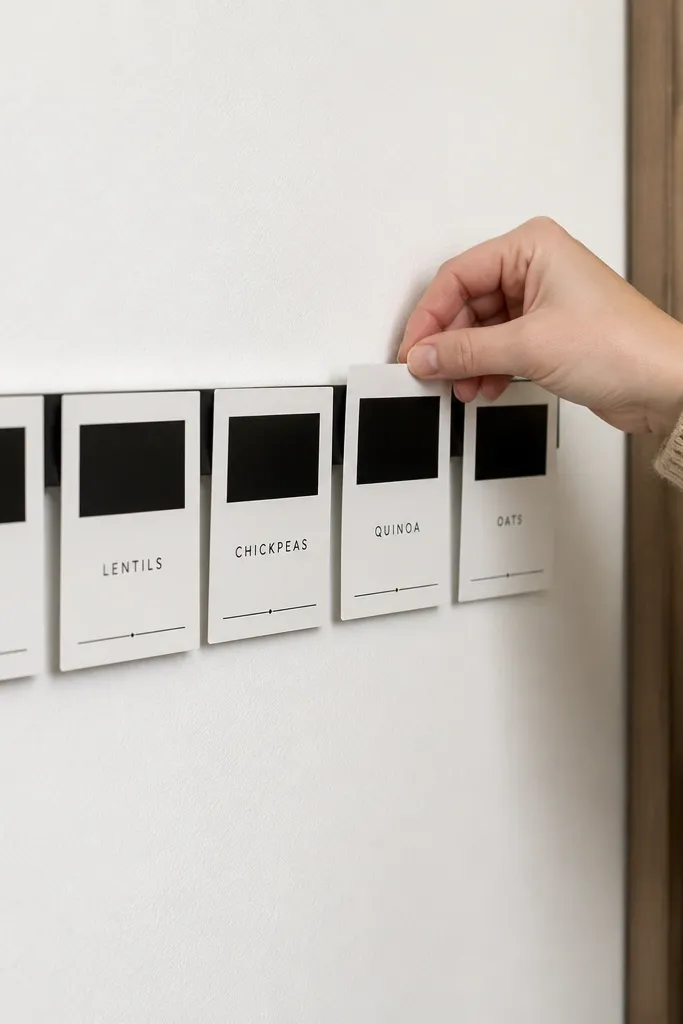 Magnetic label cards lined on pantry sidewall above bins