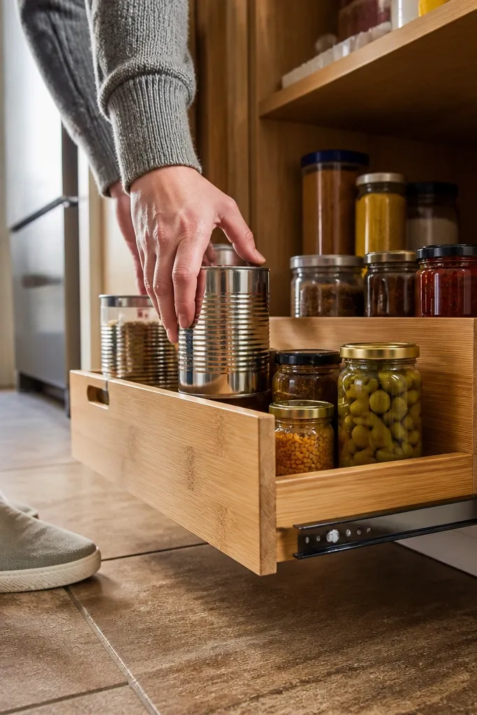 Pull-out step shelf inside pantry with bamboo frame and clean bins