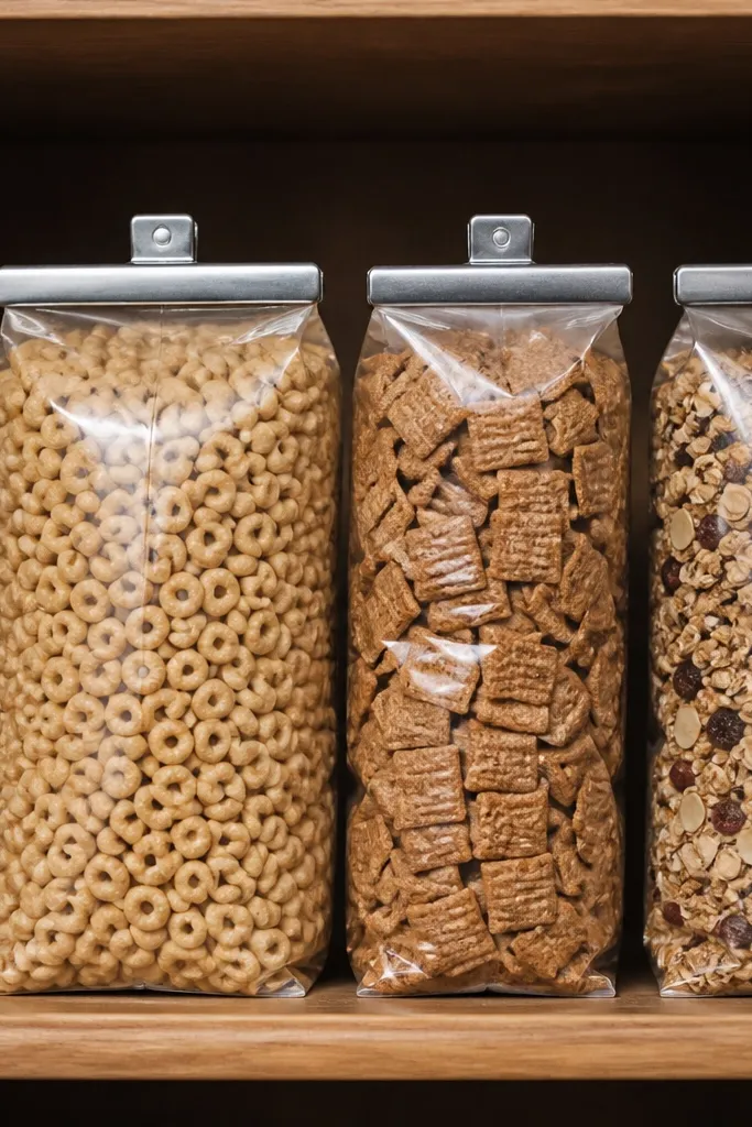 Snack bag dock with clips holding bags upright and aligned
