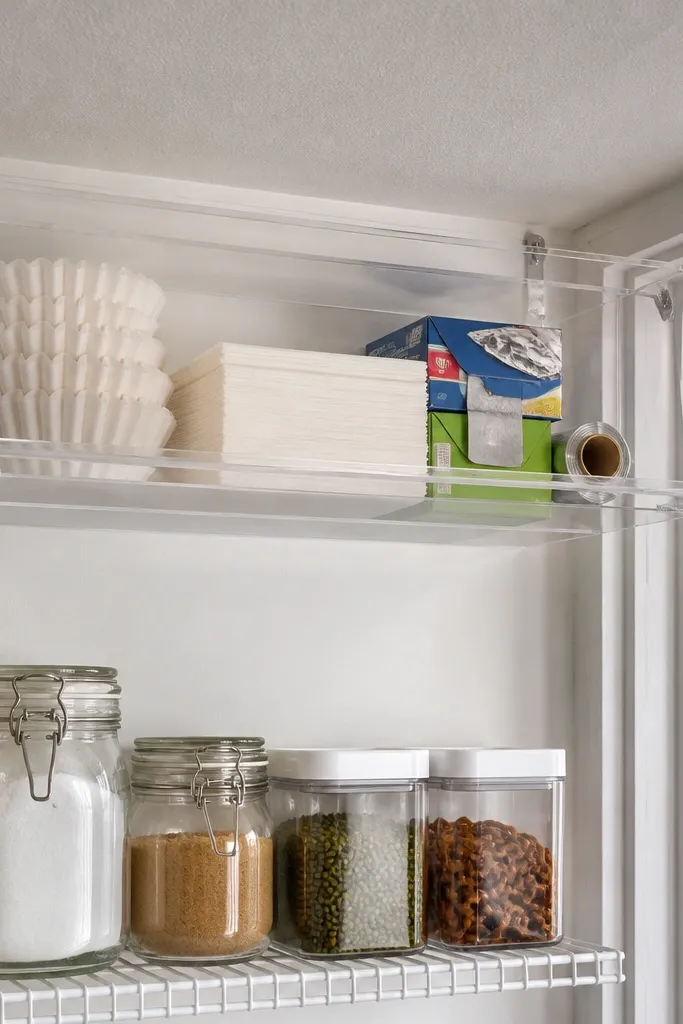 Small clear-front canopy over shelf with neatly stacked backups and labels