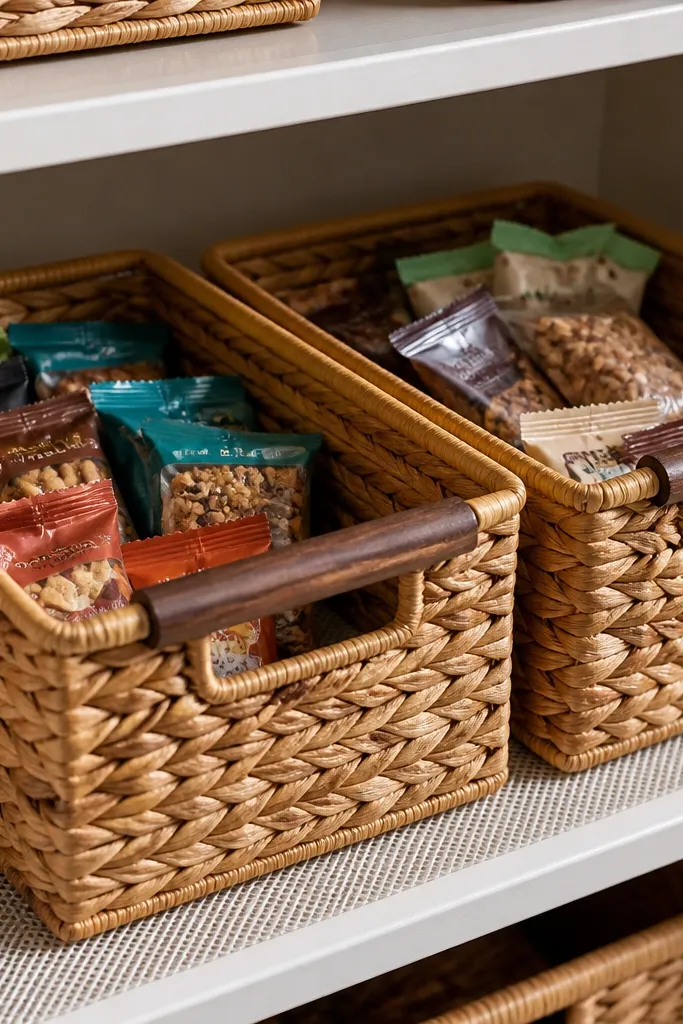 Woven baskets with fabric handles inside pantry shelves holding labeled goods