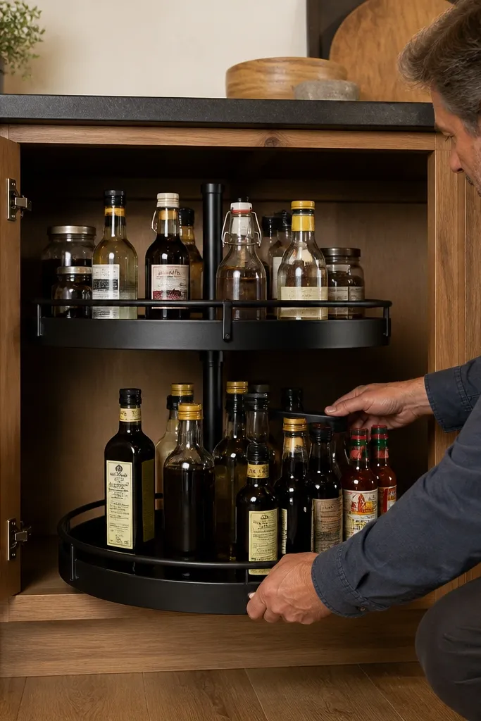 Matte black lazy susan corner with neatly arranged oils and sauces