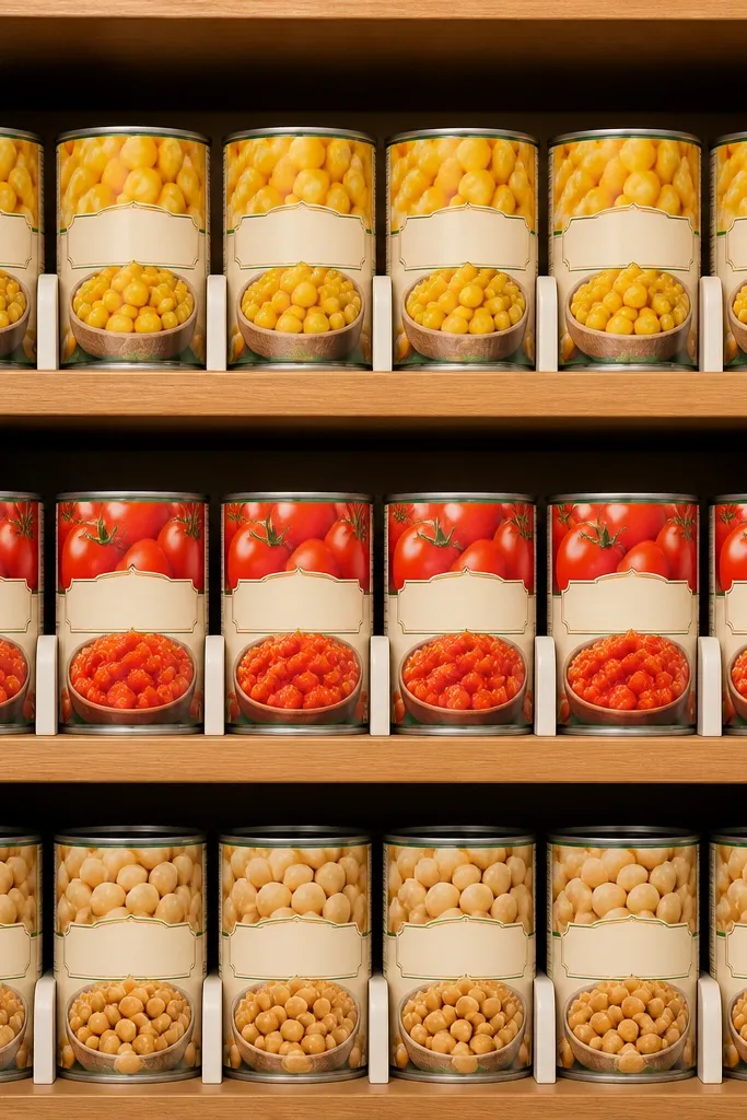 Two-tier canned goods wall with uniform spacing and aligned labels