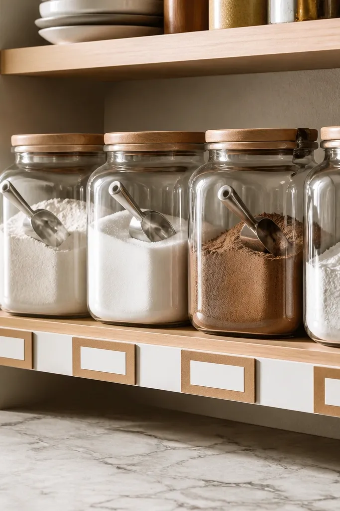 Baking shelf with jars and scoops in matching holders with labels