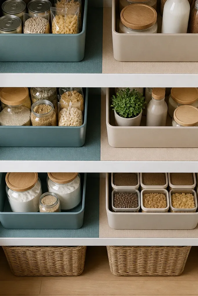 Wipe-clean shelf liner with two color zones and labeled bins