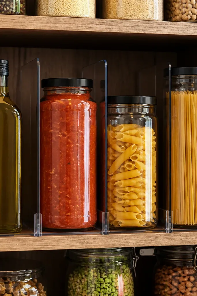 Shelf with vertical dividers spacing taller jars and bottles in neat rows