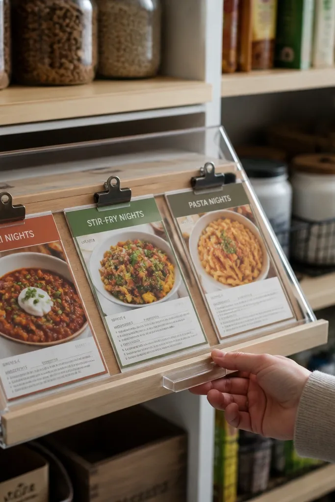 Pantry side pull-out card holder with clear cover and labeled recipe cards